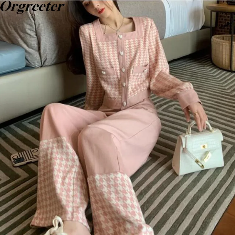 Sweater Trouser Suits Women Fall Winter New Houndstooth Heart-Shaped Buttons Knitted Pullover Wide Leg Pants Casual 2 Piece Sets