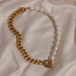 2021 Chunky Cuban Chain OT Closure and Big Pearl Connected Stainless Steel Gold Plated Waterproof  Choker Necklace For Women