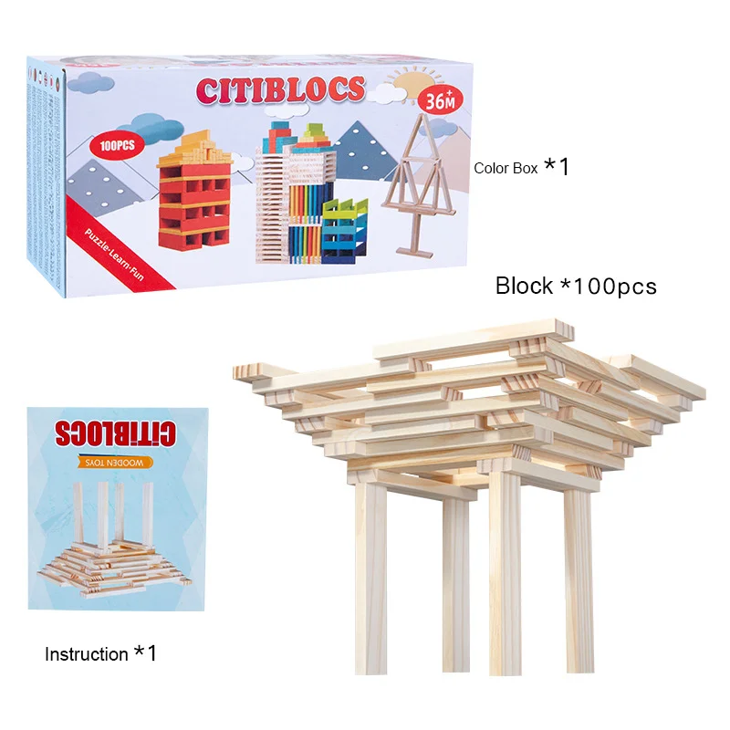 Bloques de construcción de madera para niños, juguetes educativos de bricolaje para niños, Kit de construcción de apilamiento, juegos de rompecabezas de bloques altos, arquitectura, 100 piezas