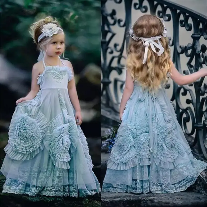 Robe princesse en dentelle à volants pour filles, tenue de soirée, de concours, d'anniversaire, pour enfants