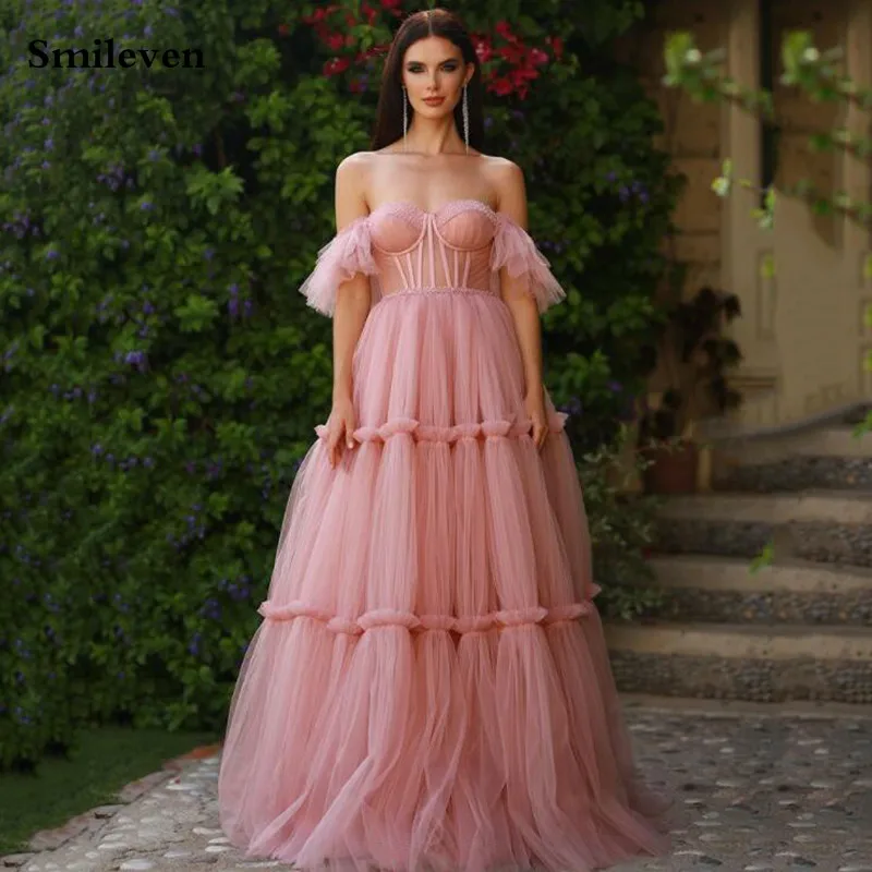 Smileven Pink Princess Prom Dress Off The Shoulder Tulle Long Evening Dresses Sweetheart Neck Corset Prom Party Gowns