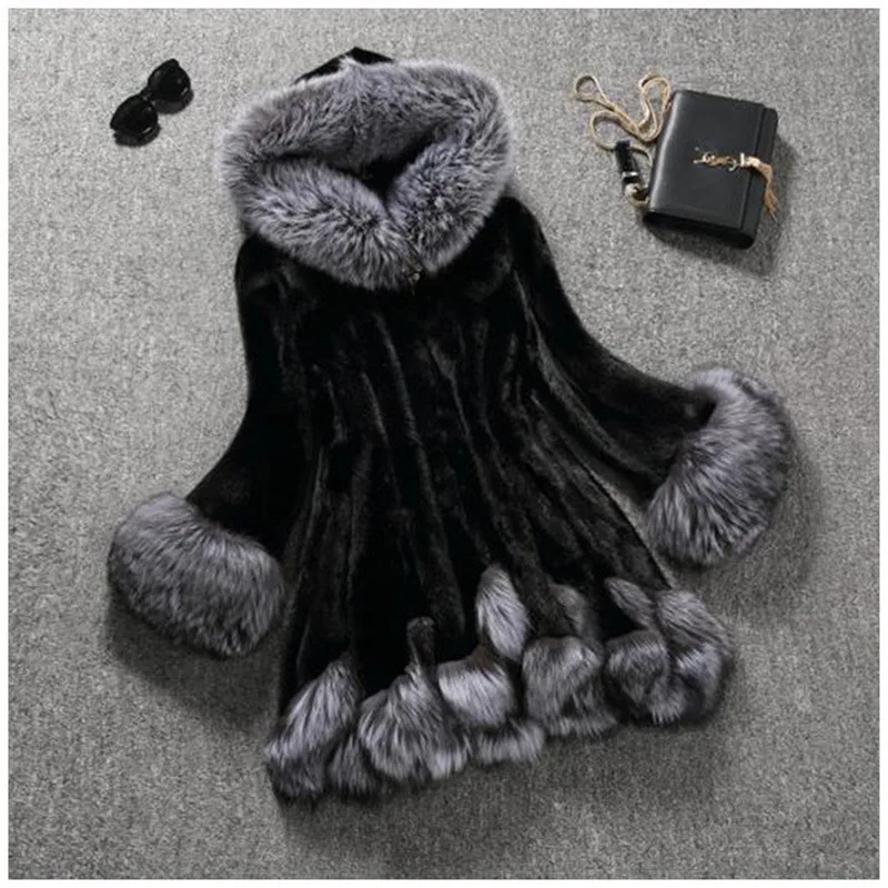 New High quality Autumn Winter Faux fur Coat Women Mink fur Fox fur collar Hooded Jacket Female Outerwear Women clothing