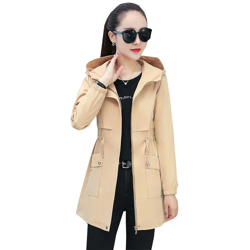 

2023 New Casual Windbreaker Outerwear Lady Fashion Oversize Slim Hooded Trench Coat Women Spring Autumn Length Overcoat Female