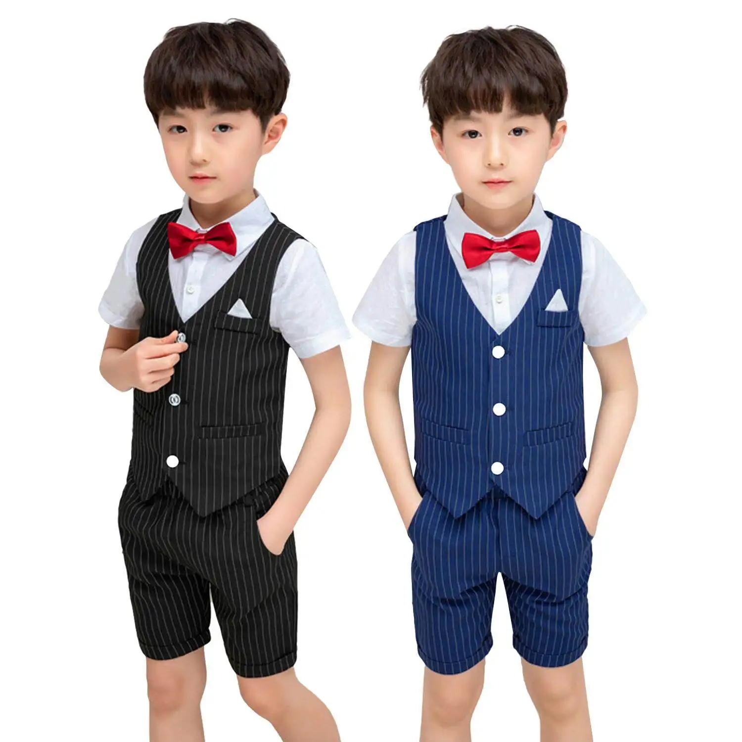 LOLANTA 4PCs Kids Boy Gentleman Stripe Formal Suit Birthday Party Wedding Shirt Vest Shorts Clothing Set