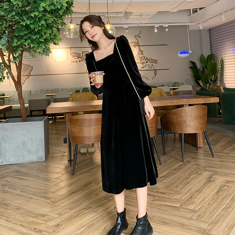 

Free Shipping 2021 New S-10XL Dress Women Long Mid-Calf Full Lantern Sleeve Black Velvet Customer Made Vintage Square Collar