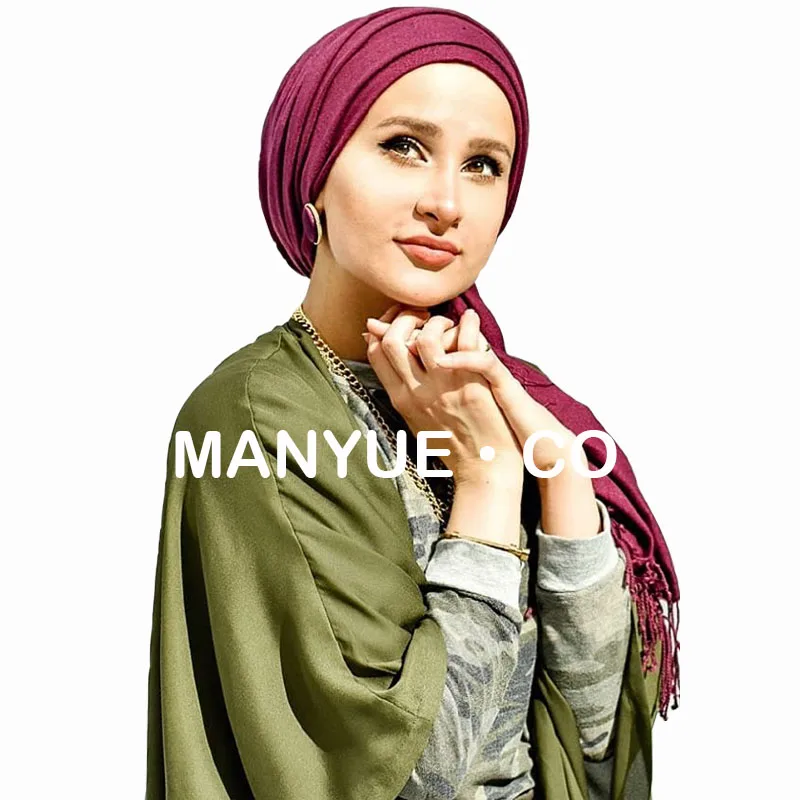 Solid Color Hijabs Cashmere Like Scarf Women Winter Warm Long Shawls And Wraps Hijab Scarves Pashmina Tassels Thin Headband