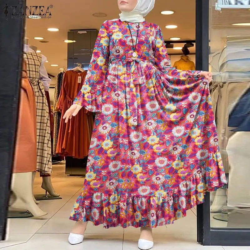 ZANZEA Muslim Women Vintage Floral Printed Abaya Turkey Hijab Dress Spring Long Sleeve Kaftan Vestido Loose Sundress Oversized