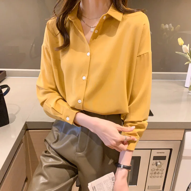 2021 Musim Semi Musim Gugur Wanita Lengan Panjang Kemeja Putih Longgar Blus Atasan Wanita BF Gaya Korea Elegan Blusas Hitam Kuning Ungu