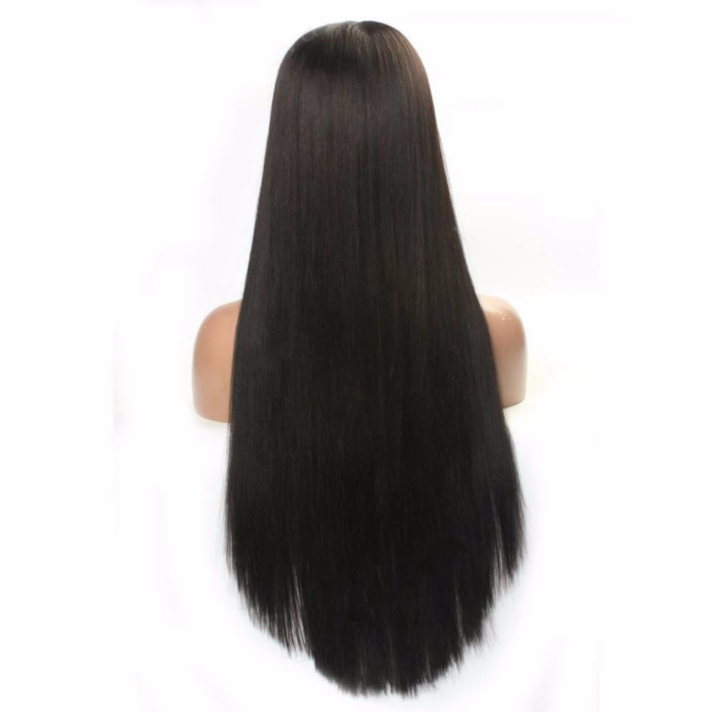 Dlm longa peruca preta com franja 13x3 tamanho do laço para preto feminino peruca dianteira do laço sintético preto resistente ao calor do cabelo