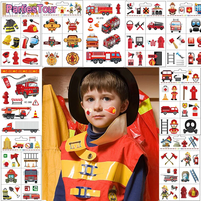 1 Sheets Firefighter Birthday Party Fireman Tattoo Stickers Waterproof Temporary Tatto Fire Truck Theme Birthday Party Supplies