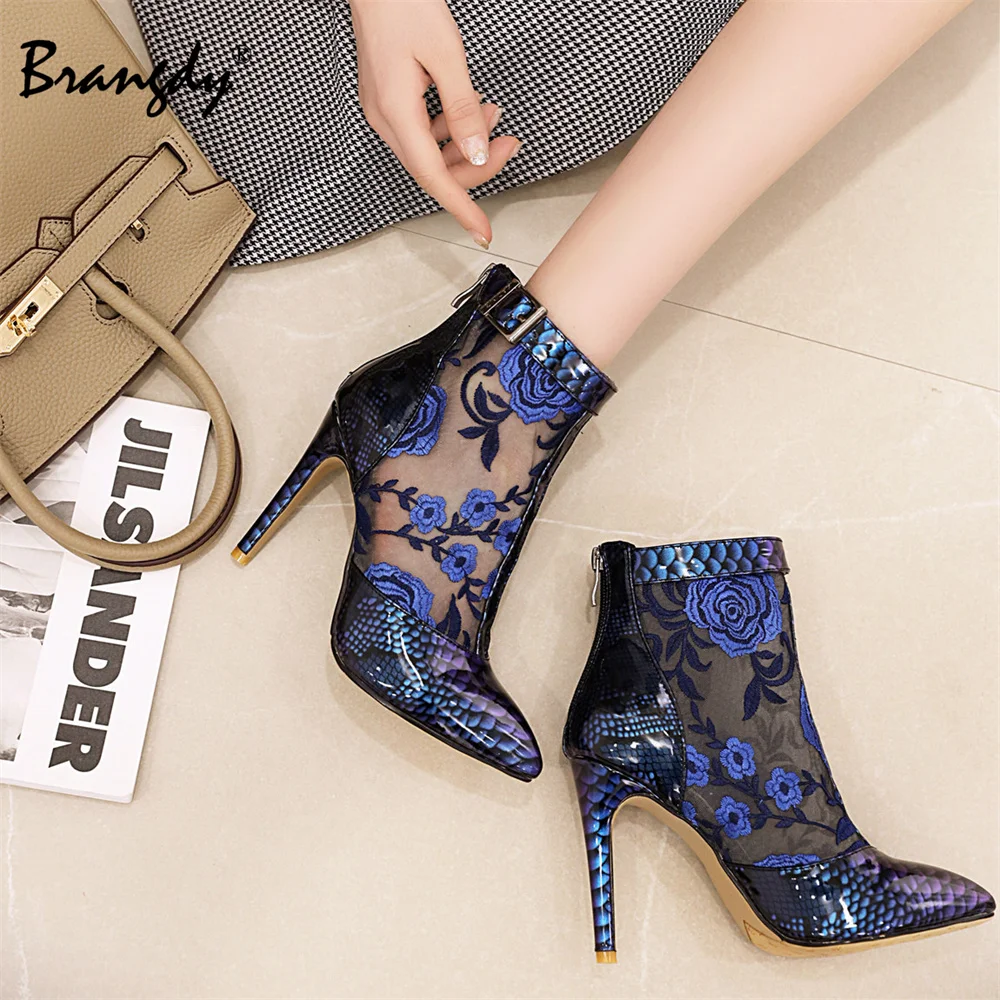 Brangdy Sexy Women Pumps Embroidery Ankle Boots PU Scales Women High Heels Shoes Mesh Pointed Toe Women Thin Heels Shoes Zipper