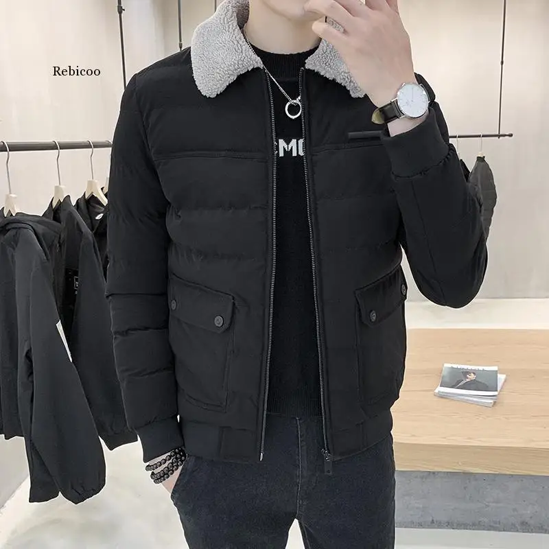 Outono inverno lapela lã jaqueta masculina moda masculina cor sólida jaqueta de algodão fino inverno quente jaqueta casual topo