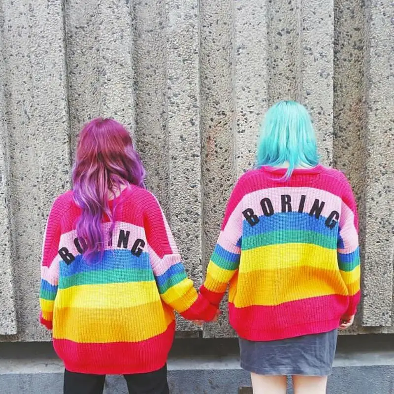 Woherb 2024 Autumn Harajuku Cardigan Women Striped Rainbow Sweater Coat Female Loose Sweaters Letter Embroidery Jumper Cardigans