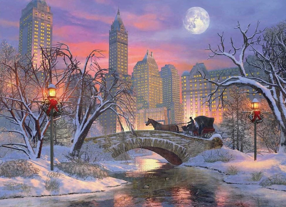 

JOHNSON Christmas Eve New York City Full Moon Skyline Bridge River Tree Light backdrops Computer print party backgrounds