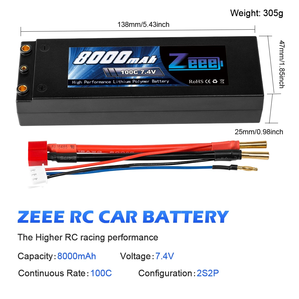 Zeee 7.4V 100C 8000mAh Lipo batteria 2S RC Lipo batteria con 4mm Bullet Dean-Style T Plug per RC Car Model Boat Truck Race Parts