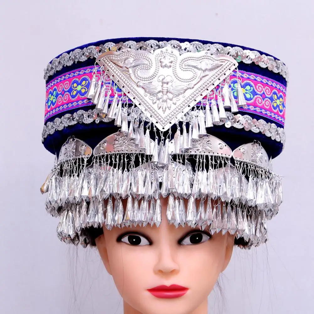 Chinese Folk Dance Costume Headdress For Woman Silver Miao Hats Hmong Headwear Stage Dancer Hats Chinese Minority Clothing