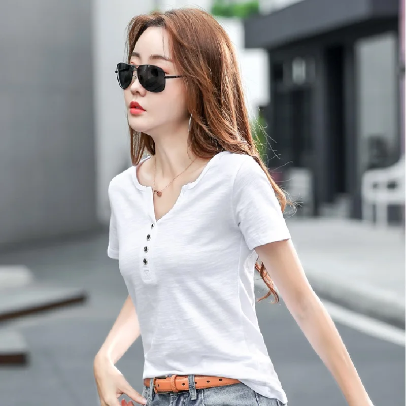 Short Sleeve Summer Women 2023 Slub Cotton T-shirts Female Button Loose Casual Fashion T-shirts Blue Sexy Deep V-Neck Korea Tops
