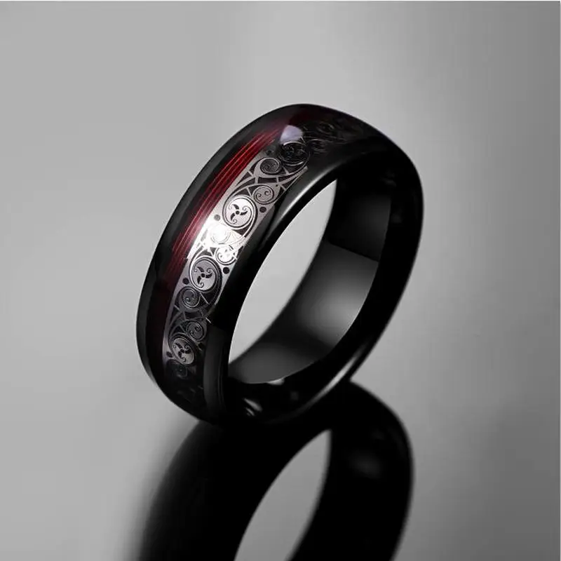 

8mm Wide Plating Black Tungsten Steel Ring Inlay Triple Spiral Pattern Red Guitar String Tungsten Carbide Red Ring for Men