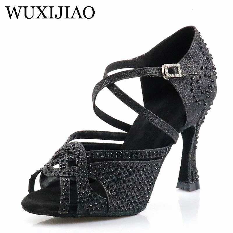 WUXIJIAO Women Salsa party Ballroom shoes Latin dance shoes big small rhinestone shining Bronze Skin Black satin  Cuba heel 9cm