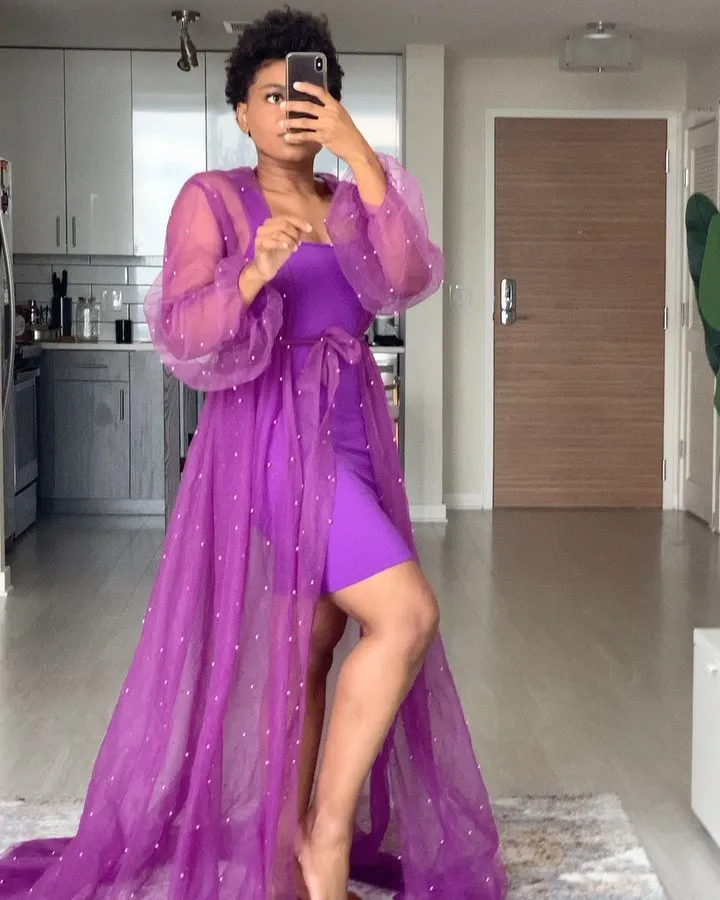 New Fashion Purple Long Tulle Robes With Pearls Women Custom Made Long Sheer Tullle Pearl Robe Dresses Party Dress Plus Size