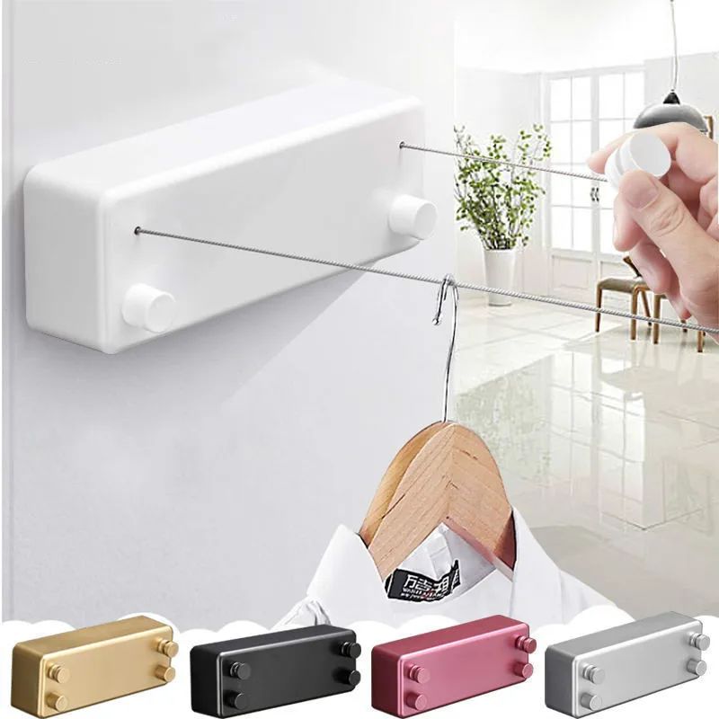 Retractable Clothesline Black/Gold Steel Wire Dual Row Simple Indoor Laundry Rack Dryer Invisible Drying Clothes Hanger Rope