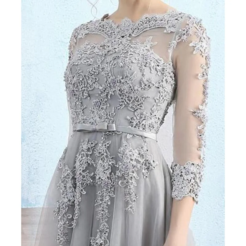 Silver Gray Mother of the Bride Dresses Three Quarters Sleeves mother of the Bride Dresses Pleats Tulle with Applique Beads