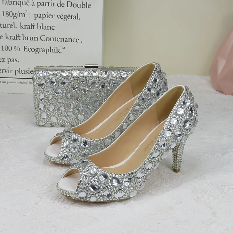 

BaoYaFang silver crystal Women wedding shoes with matching bags Open Toe Ladies Party Dress high heels shoes Big size 34-43