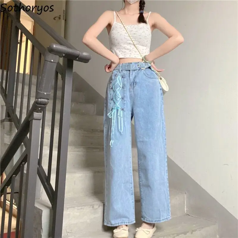 Bandage Criss-cross Jeans Women Sweet Chic Designer Straight Denim Retro High Waist Trousers Female Baggy Korean Cozy Streetwear