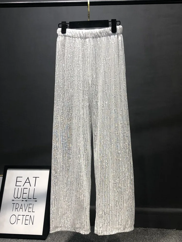 Silver Full Sequined 2024 Women Wide Leg Pant Elastic Waist Bling Luxury Chic Capris Casual Gold Long Pant Female Club