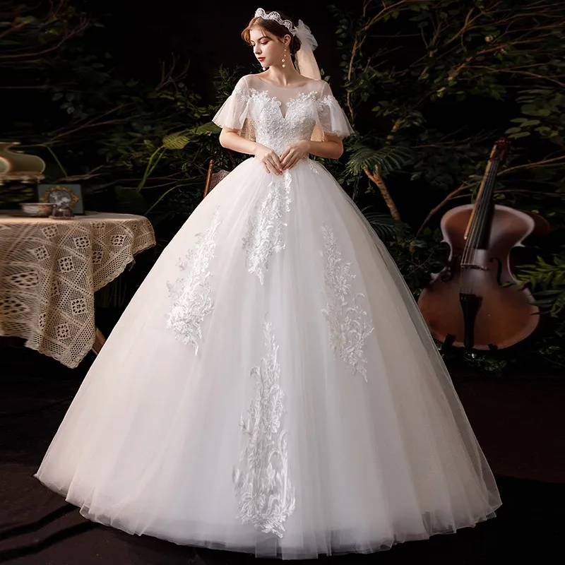 Wedding Dress 2021 New Vestido De Noiva Classic Lace Beadings Ball Gown Elegant Flare Sleeve Princess Luxury Robe De Mariee