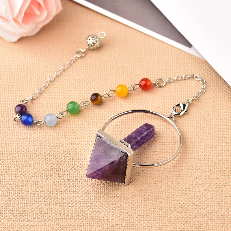 Reiki Healing 7 Chakra Pendulum Natural Crystal Wicca Hexagonal Prism Pyramid Stone for Dowsing Mineral Jewelry Amulet DIY gift