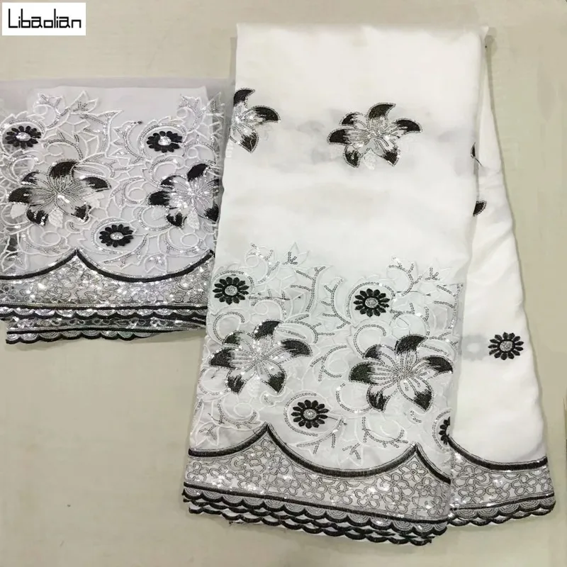 White George Lace Fabric With Blouse 5+2Yards Sets For Wedding Dress Nigerian Embroidery Guipure George Lace Fabric E911-28