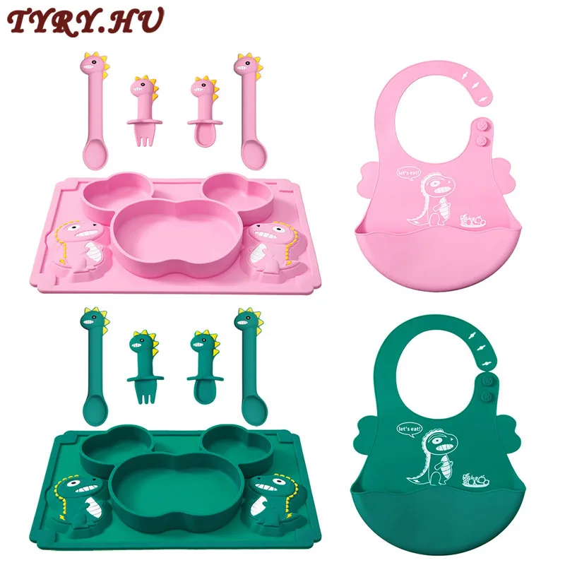 TYRY.HU 6Pcs/Set Cartoon Dinosaur Feeding Set Baby Waterproof Bibs Non-Slip Feeding Bowl Spoon Fork Tableware Set BPA Free