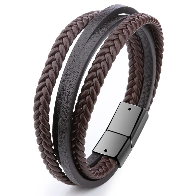 Fashion Simple Design Multilayer Leather Rope Hand Woven 316L Stainless Steel Magnet Bracelet Men\'s Jewelry