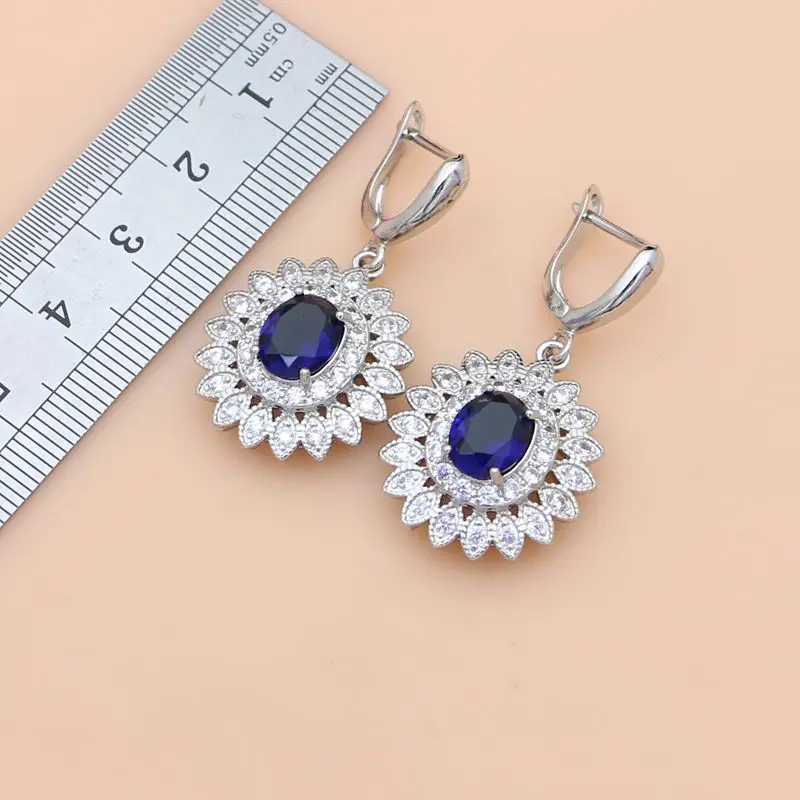 Natural Oval Blue Zircon White CZ Silver 925 Jewelry Sets For Women Party Earrings/Pendant/Necklace/Rings/Bracelet Dropshipping