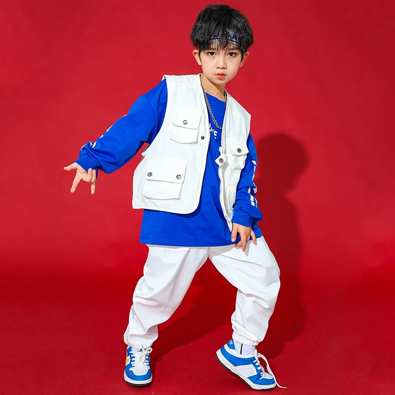 Kinder Hip Hop Street Dance Kostüm Weiß Hiphop Outfits Tops Weste Hosen Für Mädchen Jazz Show Jungen Modern Dance Kleidung BL5808