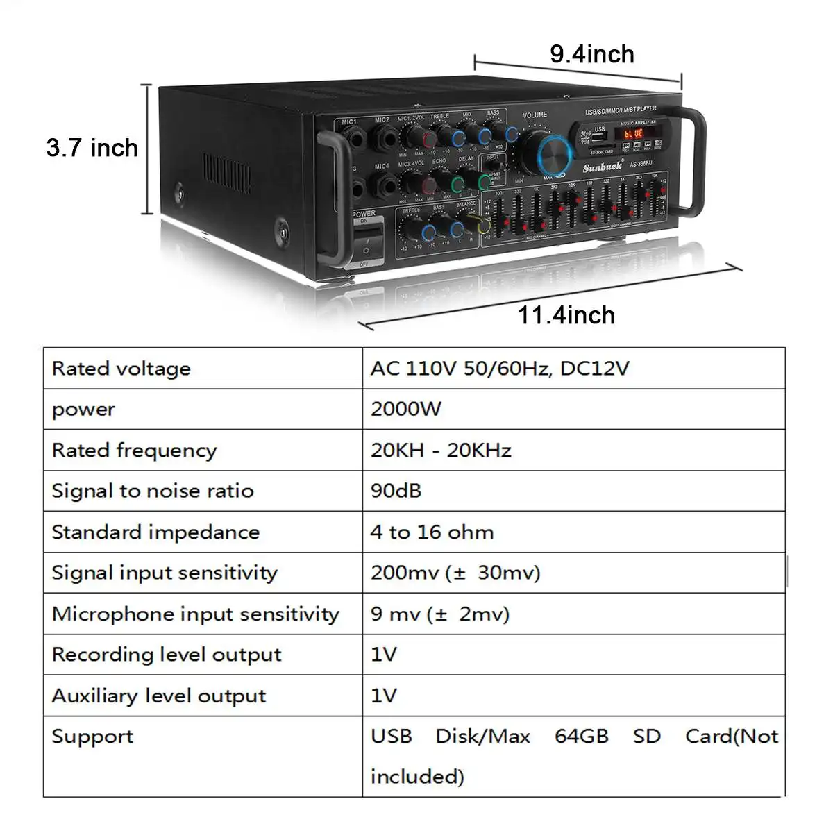 Novo 2000w bluetooth estéreo amplificador surround som usb sd amp fm dvd aux display lcd de cinema em casa karaoke controle remoto 336bu