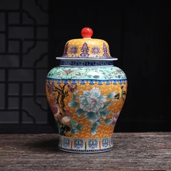 Ceramic Painted Flower and Bird Tea Caddy Color General Jar Household Food Coffee Bean Storage Jar Flower Arrangement Decoration