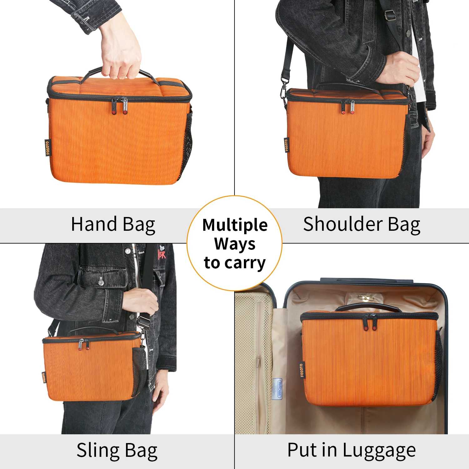 Fosoto Orange Camera Bag Case Photos Photography Waterproof Shoulder Bag For DSLR Lens Nikon Canon M50 Sony a7 iii A6000