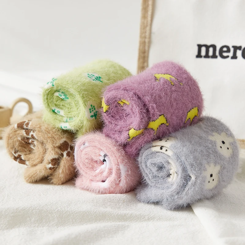 Women Thermal Fluffy Socks Autumn-Winter Snow Socks Girls Ins Fashion Pattern Warm  Color Crew Socks Ladies Floor Sleep Socks