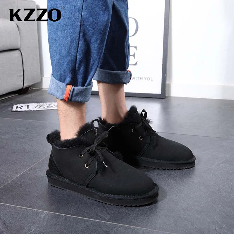 KZZO Real Natural Sheepskin Suede Leather Ankle Snow Boots For Men Shearling Lined Winter Warm Non-slip Lace-up Wool Fur Shoes