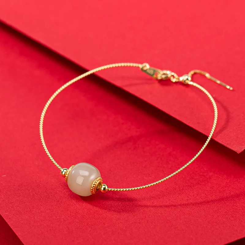 ★18k rose gold necklace female Hetian jade personality round bead family style simple Bracelet female bracelet set chain