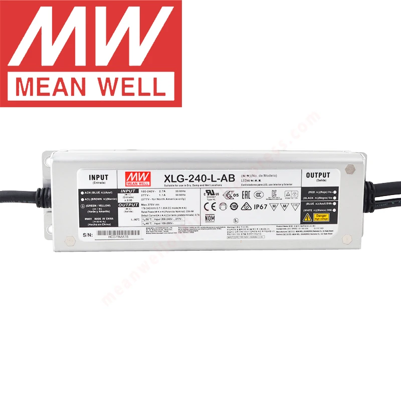 Mean Well XLG-240-L-AB IP67 Metal Case 3 in 1 dimming lighting meanwell 700-1050mA/178-342V/240W Constant Power LED Driver