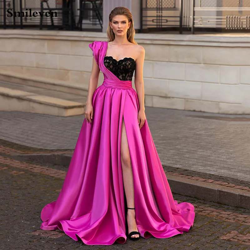 

Smileven A Line Hot Pink Evening Dresses Black Lace High Side Split Prom Dresses Elegant Satin Celebrity Party Gowns