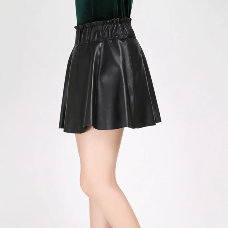 

Genuine New Leather Slim A-Line Skirts Women Black Elastic Waist Soft Sheepskin Real Leather Pleated Skirts Lady Casual Clothes