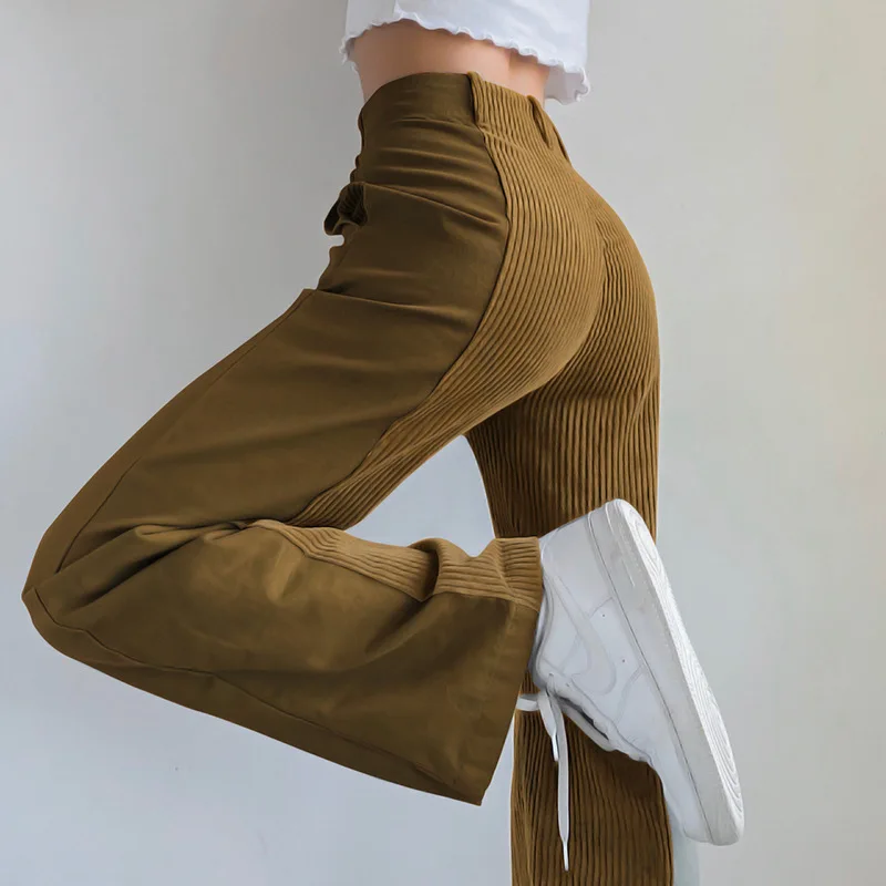 ZOKI Casual Corduroy Pants Women Vintage Patchwork Straight Aesthetic Baggy Trousers Harajuku High Waist Loose Female Stretwear