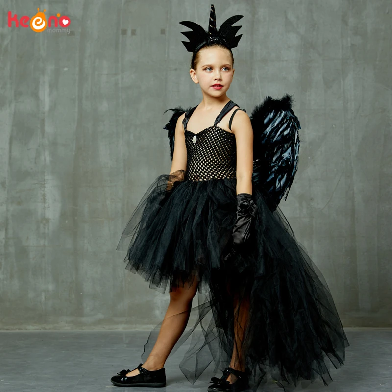 Halloween Black Devil Unicorn Dress High-Low Style Handmade Girls Tutu Dress Kids Fallen Dark Angel Fancy Party Carnival Costume