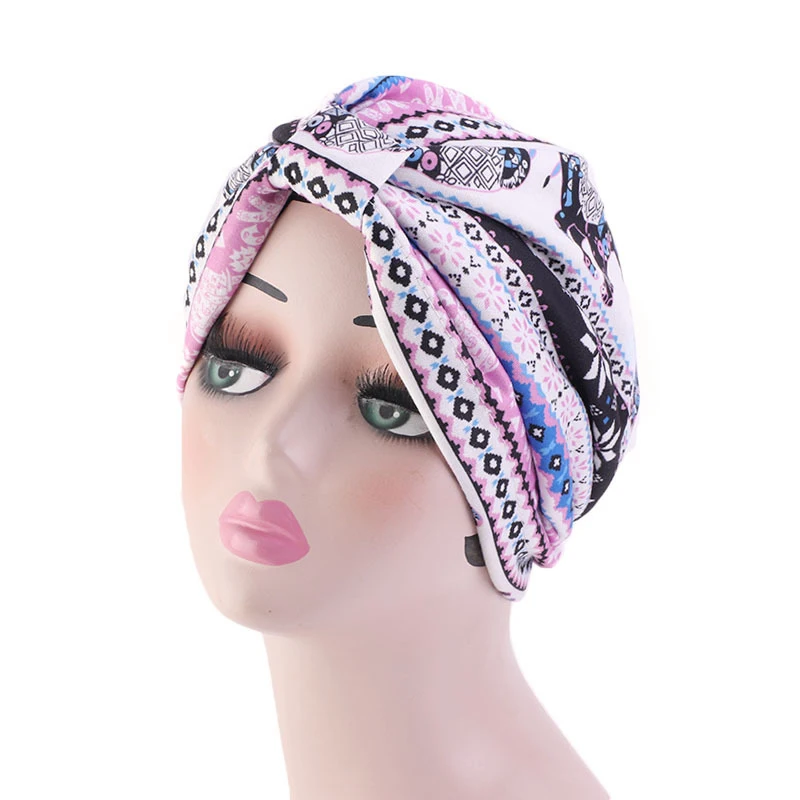 Fashion printing ladies Turban bonnet soft cotton arab wraps top Knot hijab caps women head scarf ready to wear ladies turbante