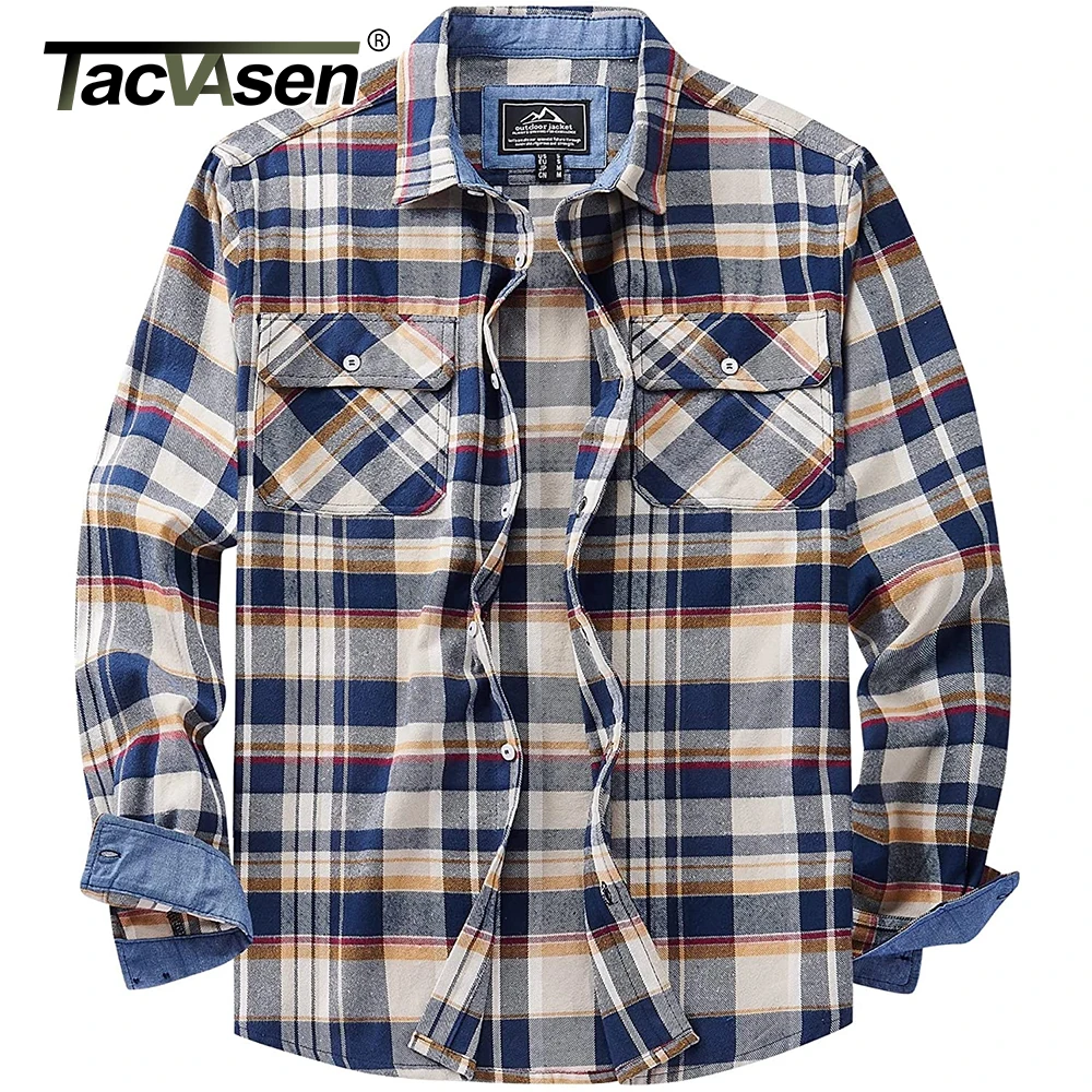 TACVASEN Oversize Casual Button Down Cotton Plaid Shirts Men Long Sleeve Flannel Shirts 2 Pockets Design Streetwear Fleece Shirt