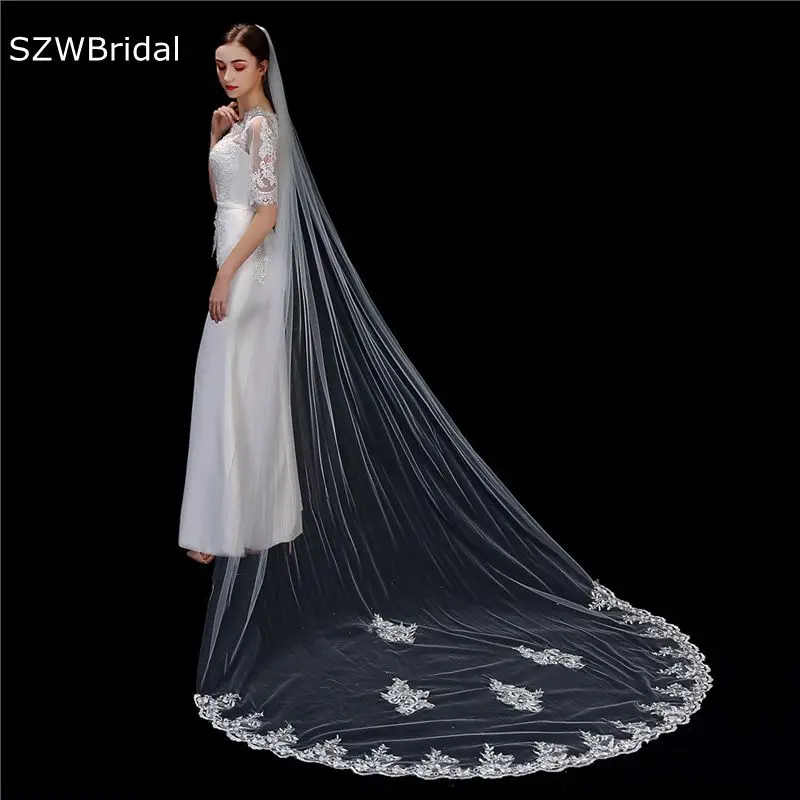 New Arrival Welon ivory Cathedral Wedding Veils Long Lace Applique Bridal Veil with Comb Weeding accessoire Voile mariee Sposa